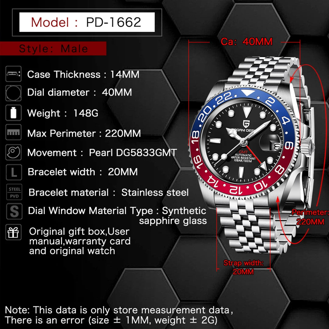 Relógio Mecânico GMT de Aço Inoxidável com Mostrador de Safira