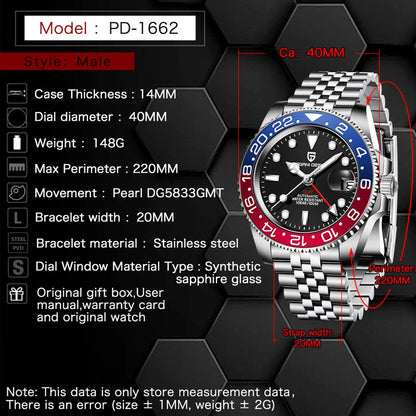 Relógio Mecânico GMT de Aço Inoxidável com Mostrador de Safira