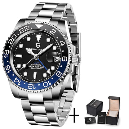 Relógio Mecânico GMT de Aço Inoxidável com Mostrador de Safira