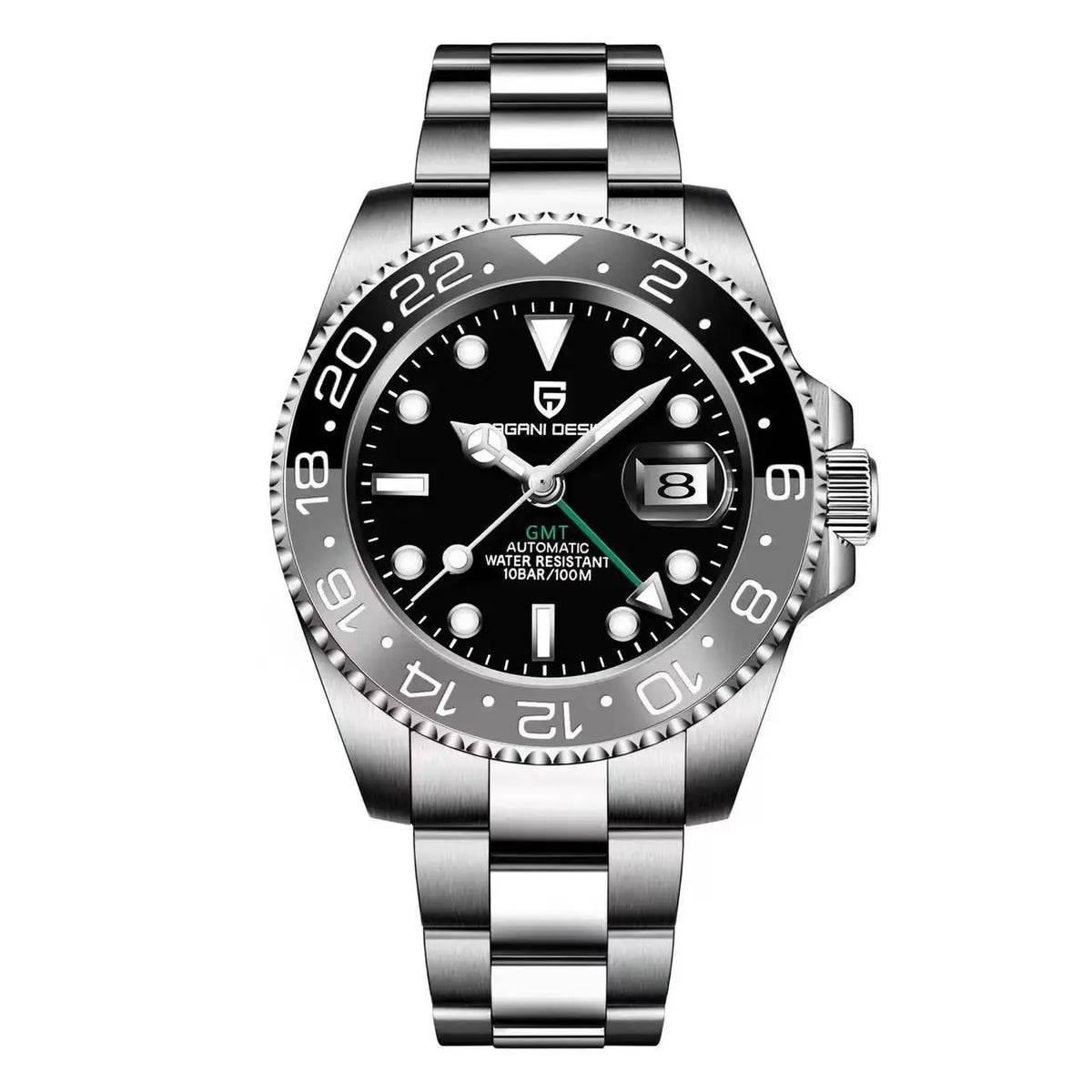 Relógio Mecânico GMT de Aço Inoxidável com Mostrador de Safira