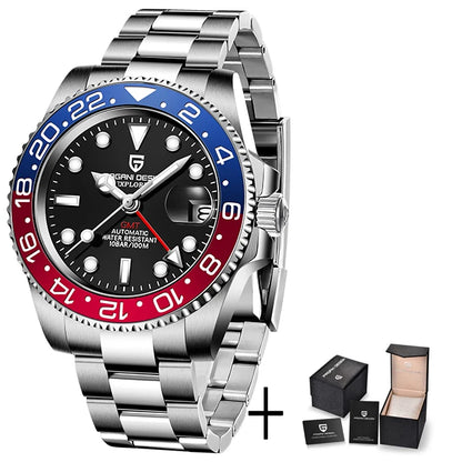 Relógio Mecânico GMT de Aço Inoxidável com Mostrador de Safira
