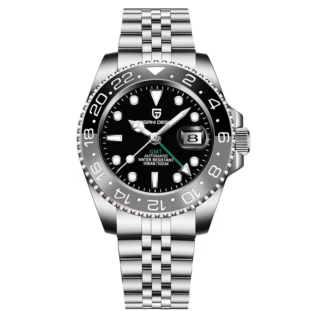 Relógio Mecânico GMT de Aço Inoxidável com Mostrador de Safira