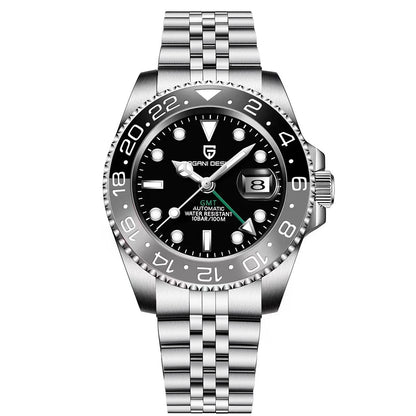 Relógio Mecânico GMT de Aço Inoxidável com Mostrador de Safira