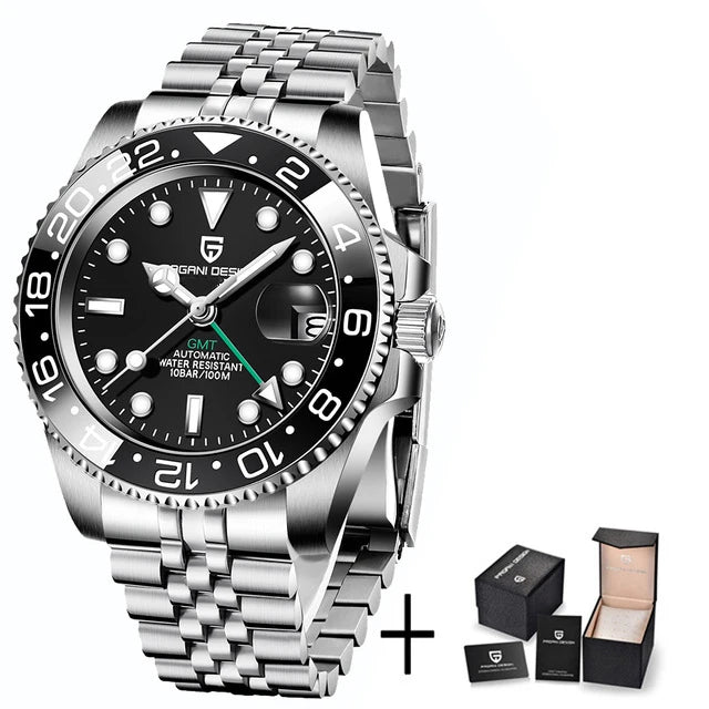Relógio Mecânico GMT de Aço Inoxidável com Mostrador de Safira