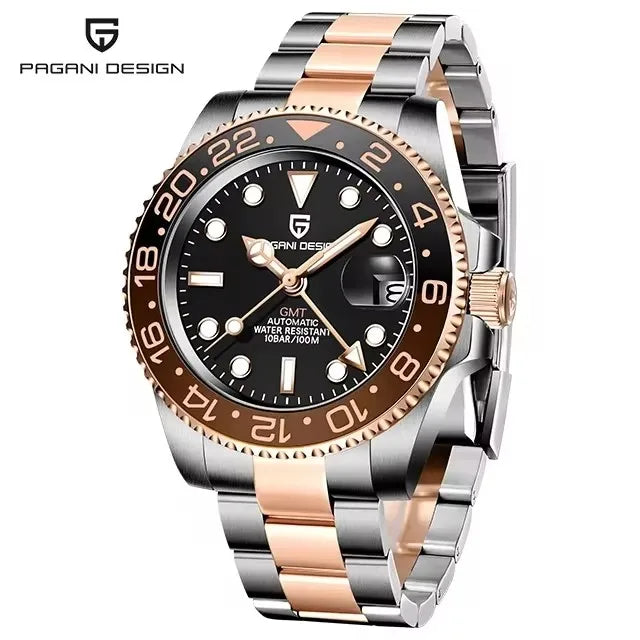 Relógio Mecânico GMT de Aço Inoxidável com Mostrador de Safira