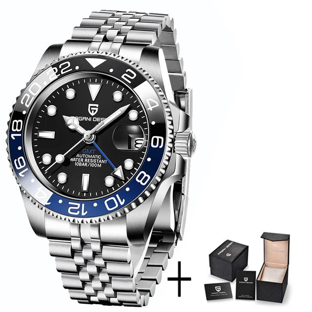 Relógio Mecânico GMT de Aço Inoxidável com Mostrador de Safira