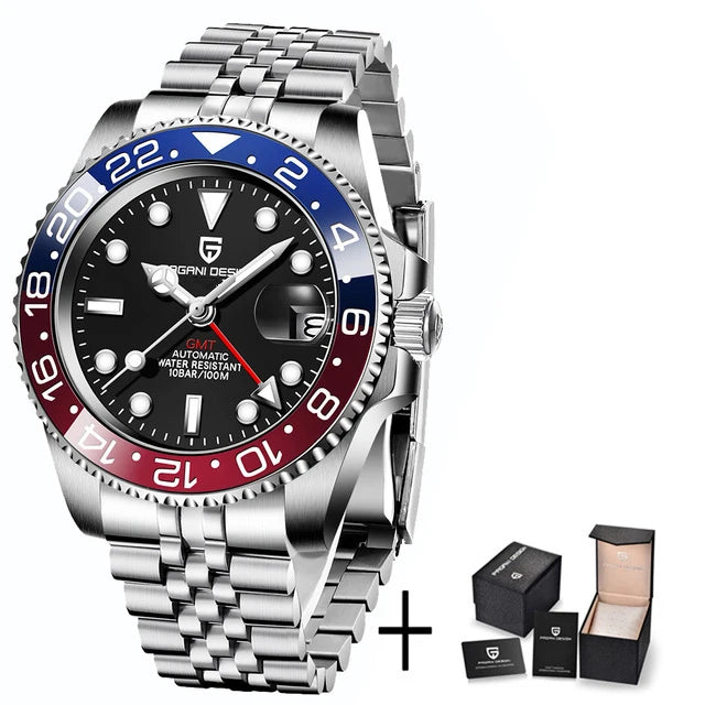 Relógio Mecânico GMT de Aço Inoxidável com Mostrador de Safira