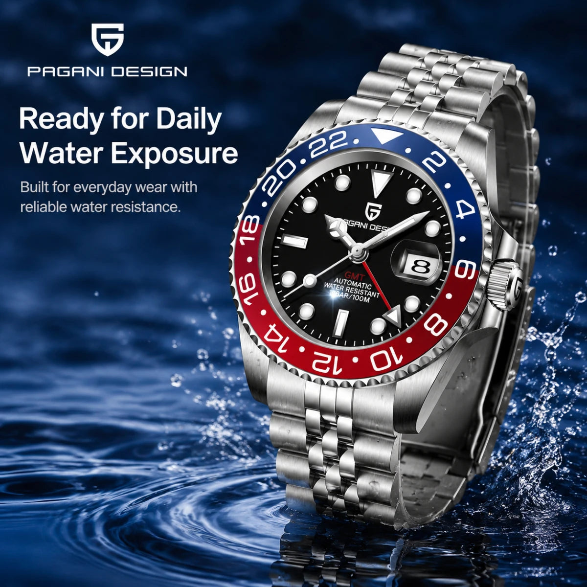 Relógio Mecânico GMT de Aço Inoxidável com Mostrador de Safira
