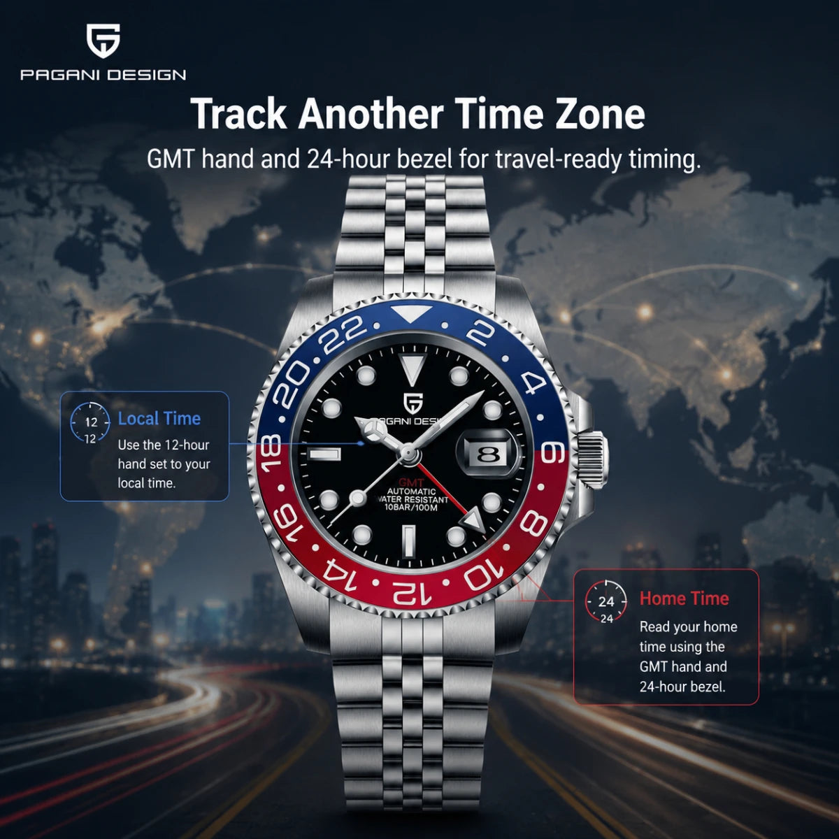 Relógio Mecânico GMT de Aço Inoxidável com Mostrador de Safira