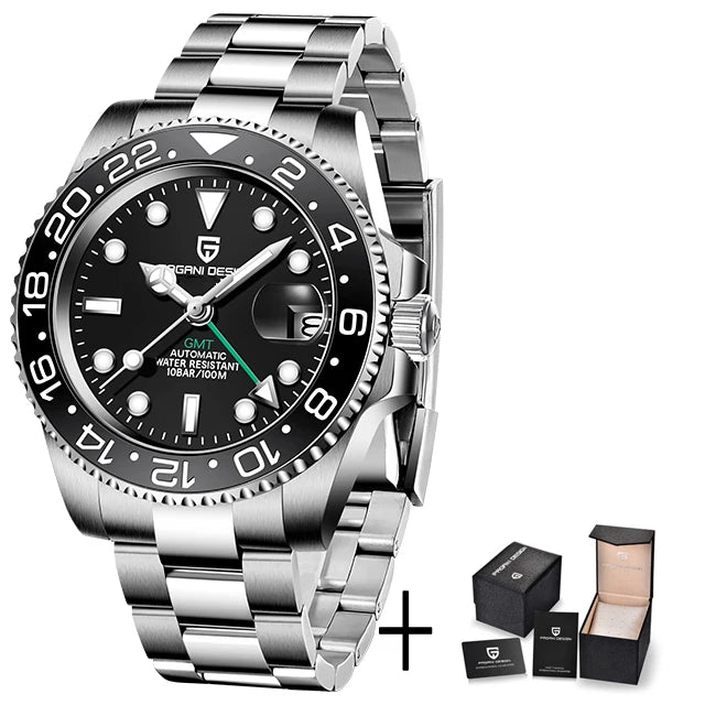 Relógio Mecânico GMT de Aço Inoxidável com Mostrador de Safira
