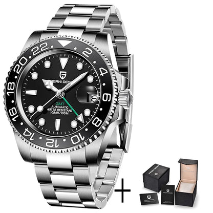 Relógio Mecânico GMT de Aço Inoxidável com Mostrador de Safira
