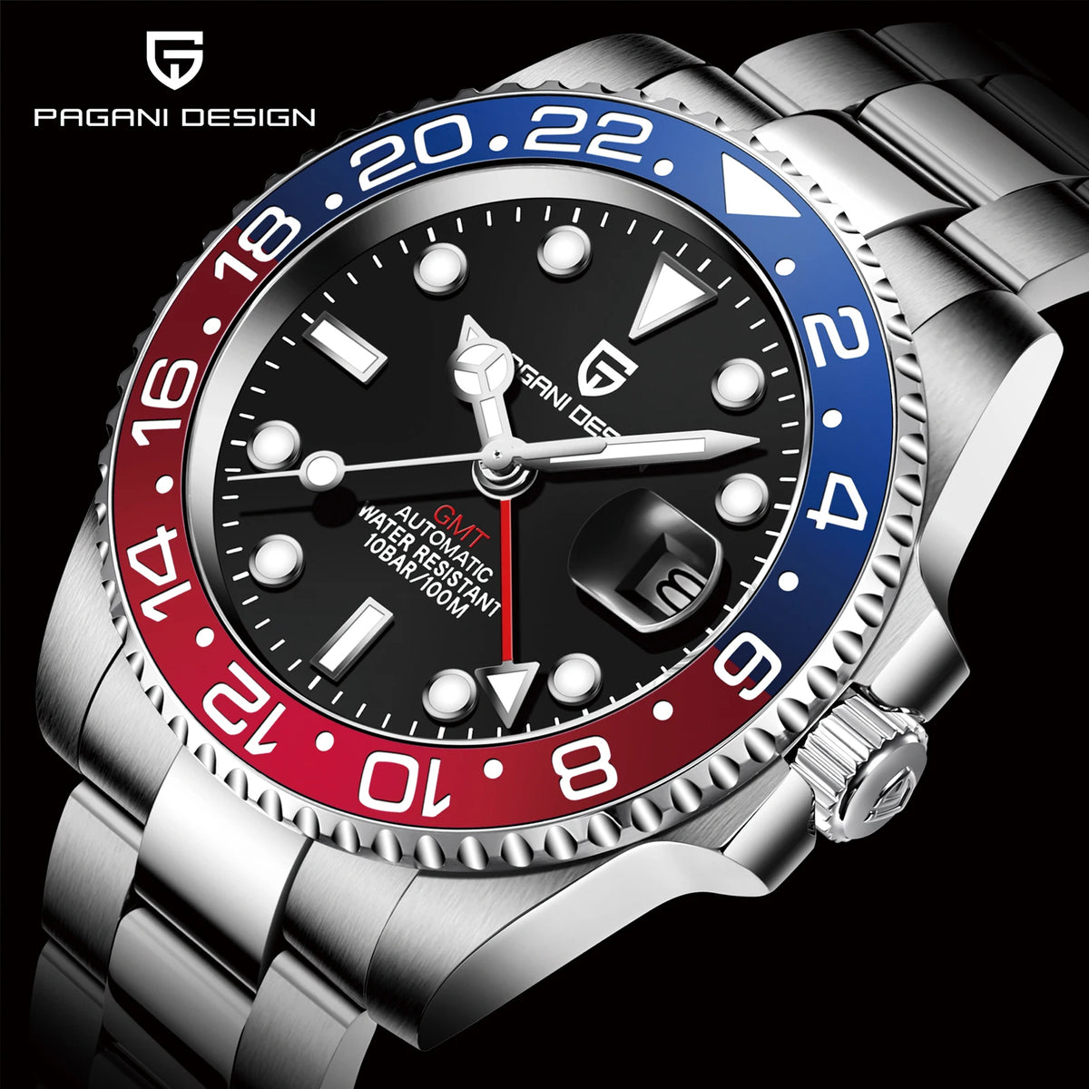 Relógio Mecânico GMT de Aço Inoxidável com Mostrador de Safira