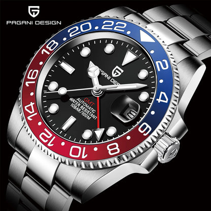 Relógio Mecânico GMT de Aço Inoxidável com Mostrador de Safira