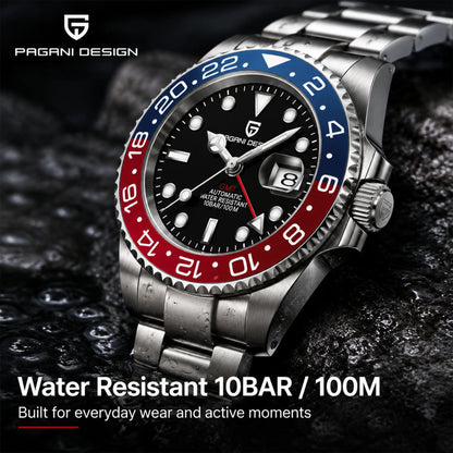 Relógio Mecânico GMT de Aço Inoxidável com Mostrador de Safira